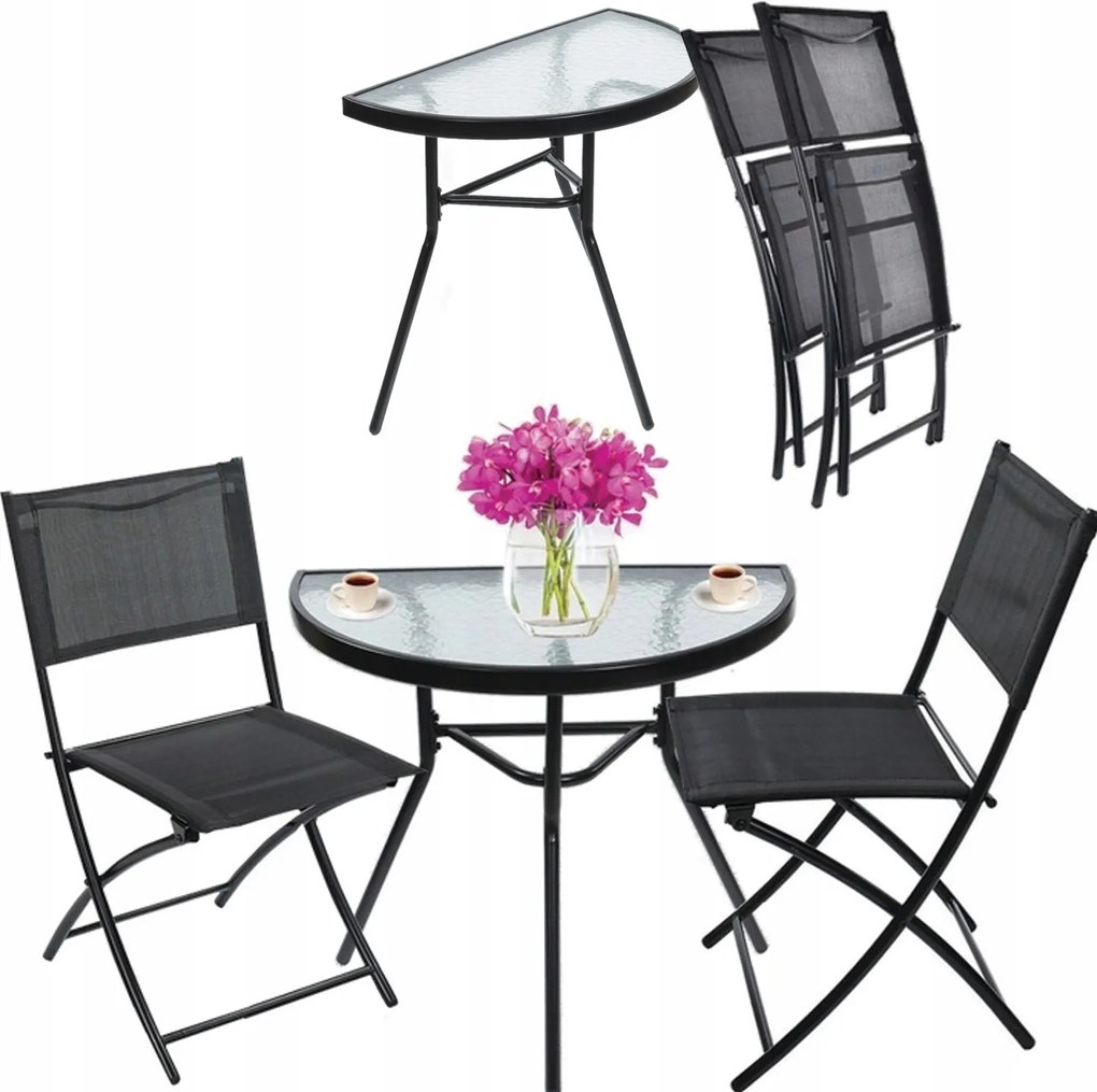 Erkély Bútor Kert Terasz Asztal Szett 2 Szék Összecsukható fekete asztal