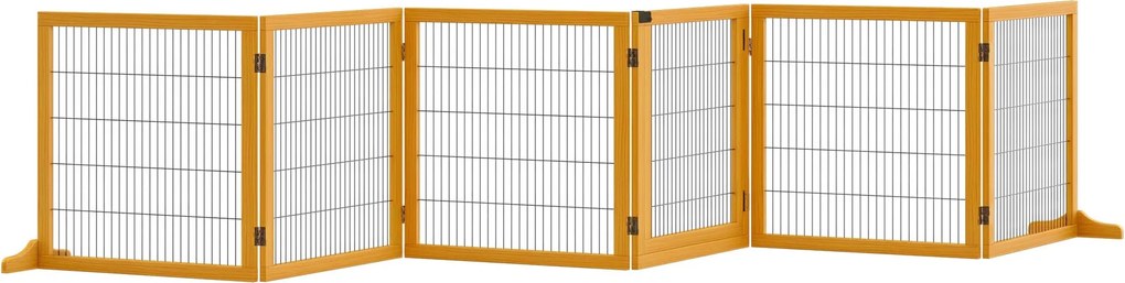 PawHut Állítható Kutyabiztosító Ajtó Barriér Lábakkal 432 x 70 cm Fa Kutyabiztosító Rács Összecsukható Lépcsőhöz, Ajtókhoz, Folyosókhoz, 6 Panel, Sárg