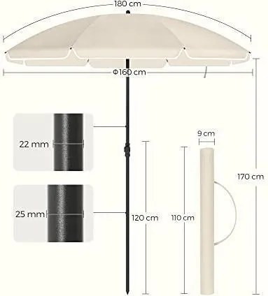 SONGMICS kerti napernyő, 160 cm, UPF 50+ UV-védelem, állítható magasságú