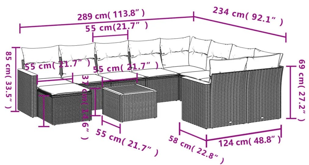 11 részes fekete polyrattan kerti ülőgarnitúra párnákkal