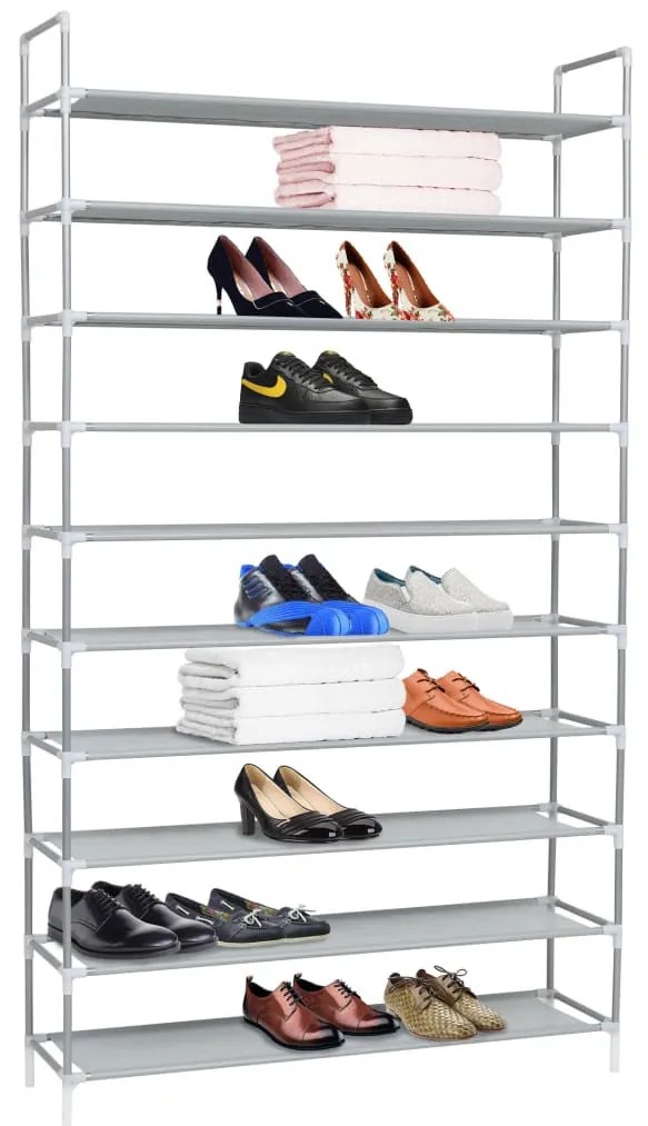 10 polcos ezüstszínű fém/nemszőtt kelme cipőtartó