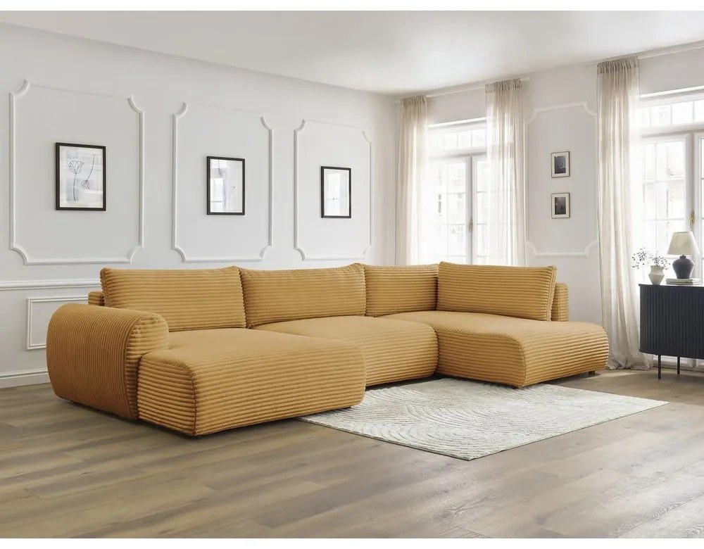 Mustársárga kordbársony kinyitható sarokkanapé (bal oldali-U alakú) Lucien – Bobochic Paris