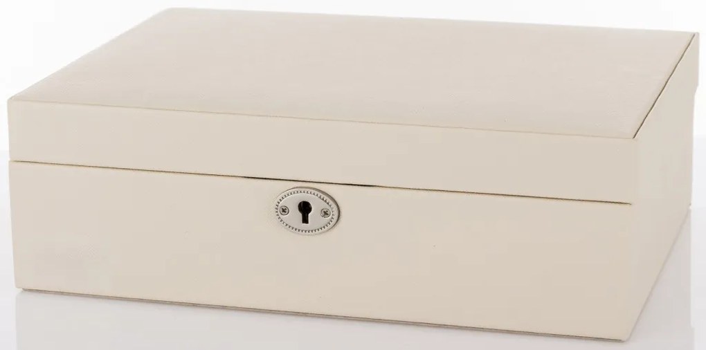 Krémfehér kulcsos zárható szögletes ékszertartó doboz osztott belső rekeszekkel 8,5x27x19cm