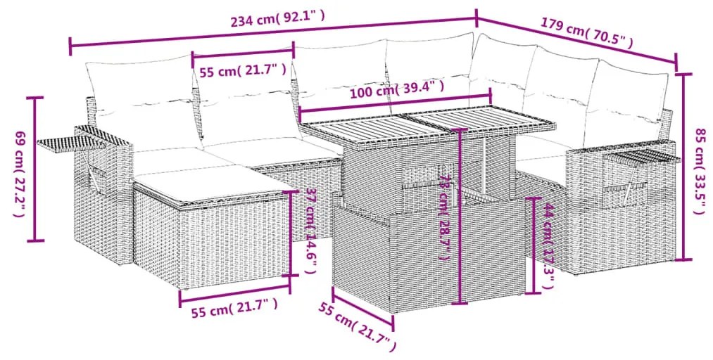 8 részes szürke polyrattan kerti ülőgarnitúra párnákkal