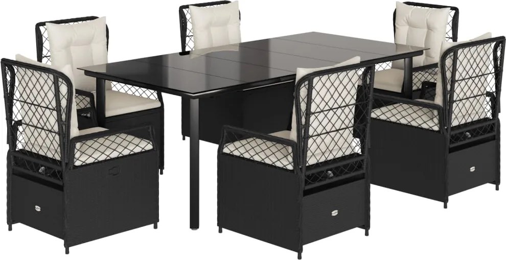 vidaXL 7 részes fekete polyrattan kerti étkezőgarnitúra párnával