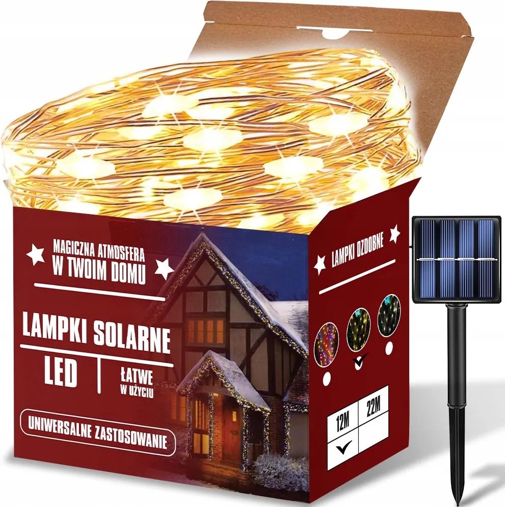 Karácsonyi Fényfüzér Kültéri Led Napelemes Fehér Meleg Fényű Drót 22M