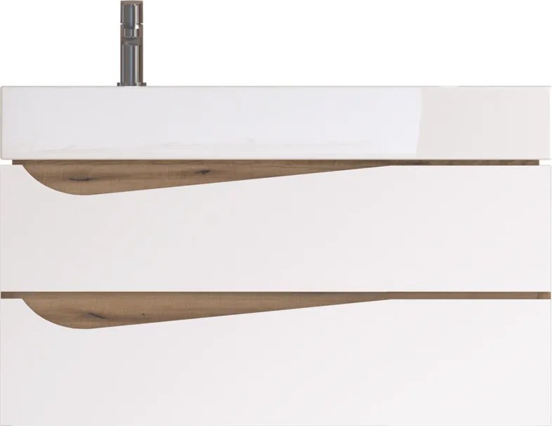 Piramida EURIDIKA fali fürdőszobabútor - műmárvány mosdóval -2 fiókos - ALPINFEHÉR-TÖLGY - 90 x 41 x 56 cm