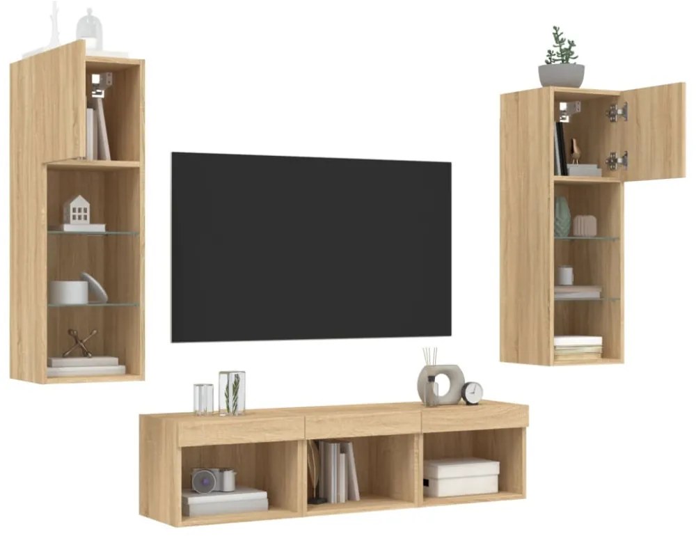 5 darab füstös tölgy színű szerelt fa TV-bútor LED-del
