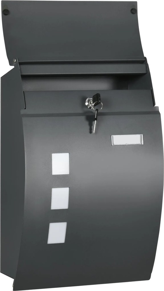 HOMCOM Postafiók Zárral és Tetővel, Fali Postafiók Ablakkal, Horganyzott Acélból, Kültéri Használatra, 32 x 10 x 45 cm, Sötétszürke | Aosom