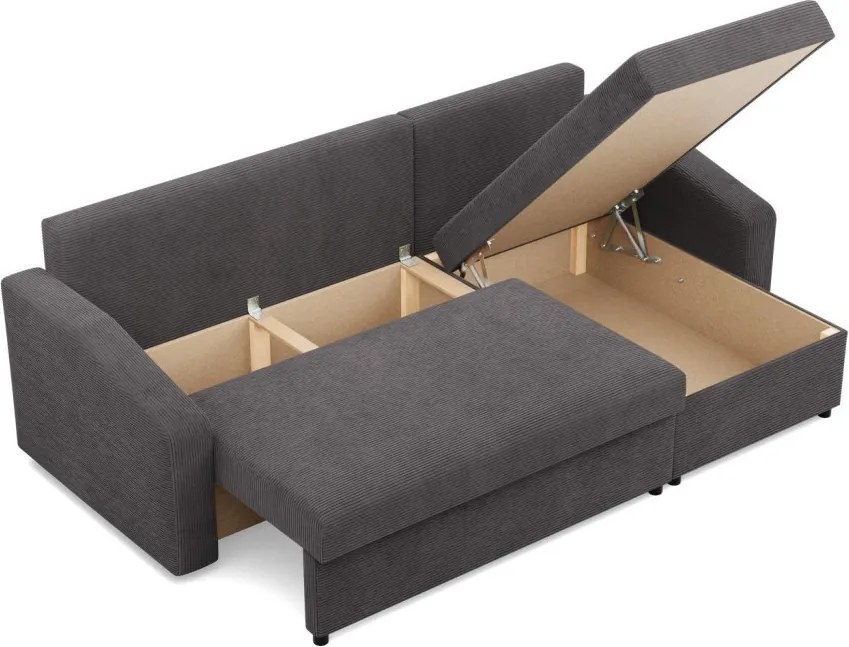 Zeus sarokkanapé, 2 ágyneműtartóval, döntött kartámasz, kordbársony, univerzális oldal, hab töltet, szürke