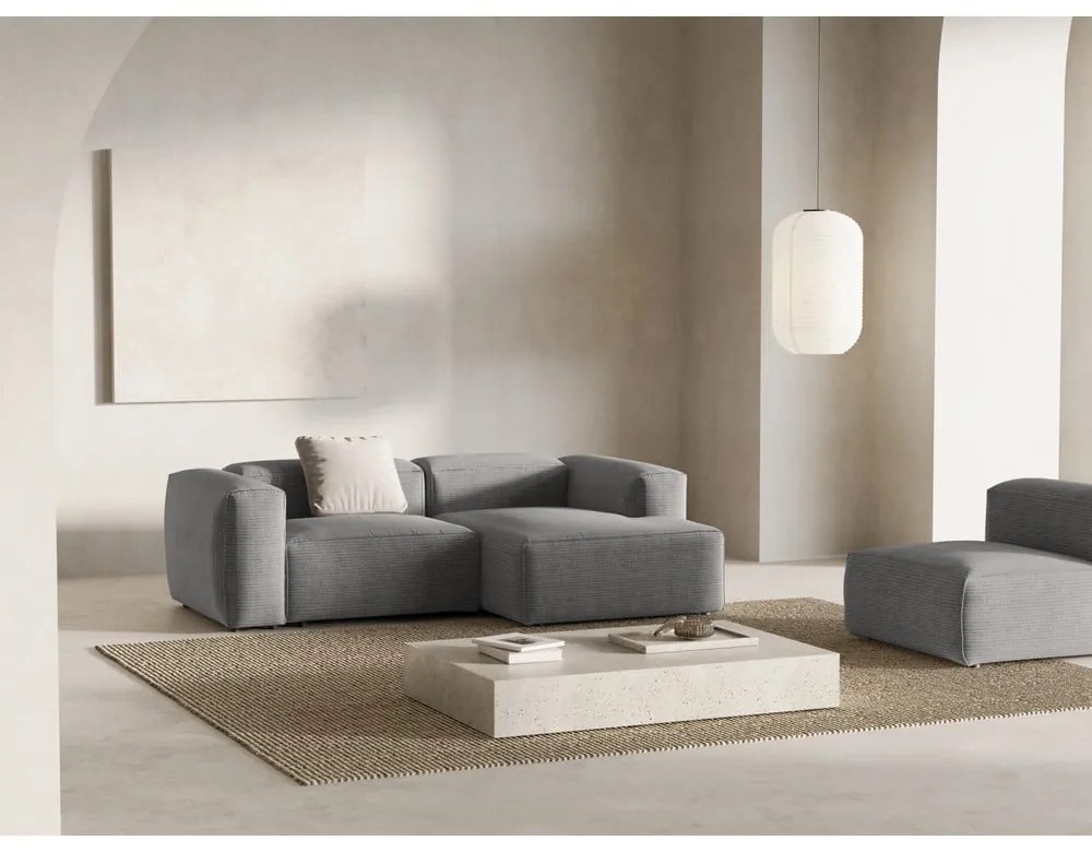 Világosszürke kordbársony sarokkanapé (jobb oldali-heverő résszel) Bergamo – Cosmopolitan Design