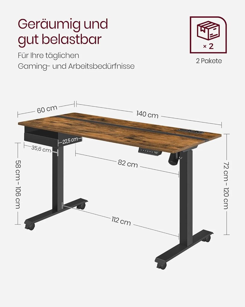 Elektromosan állítható íróasztal beépített aljzatokkal, 2 USB-porttal, fiókkal és 4 memóriahellyel, 140 x 60 x 72–120 cm, vintage barna/fekete