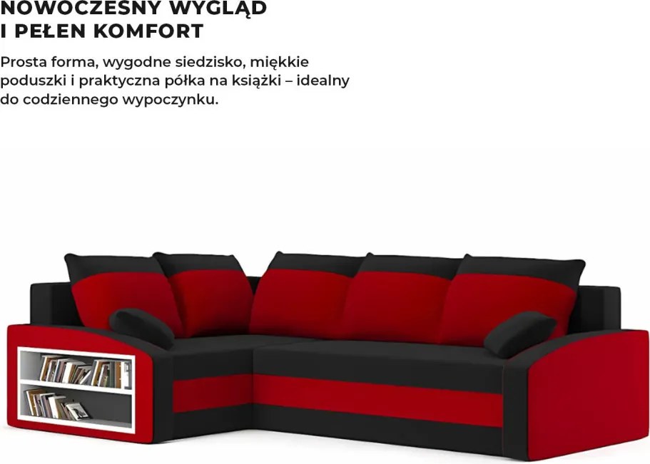 Grande sarokkanapé polcokkal , polc a bal karfaban, baloldali, szövet anyag, hab töltet, fekete - piros