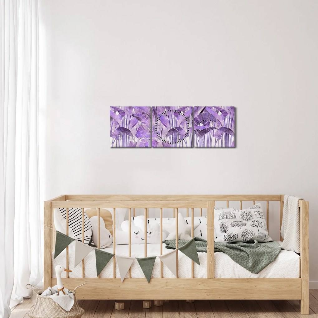 Kép - Lila levelek vakolatban (órával) (90x30 cm)