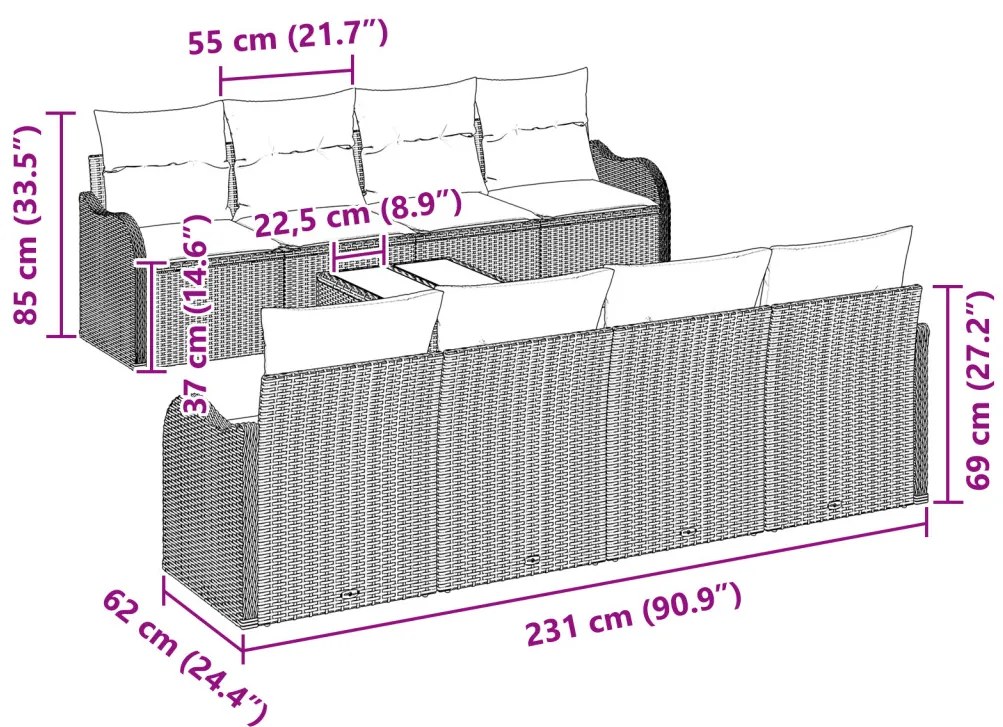 9 Részes Kerti Kanapé Szett Párnákkal Világosszürke Poli Rattan, 2-Fős Kerti Kanapé Párnákkal Világosszürke Poli Rattan