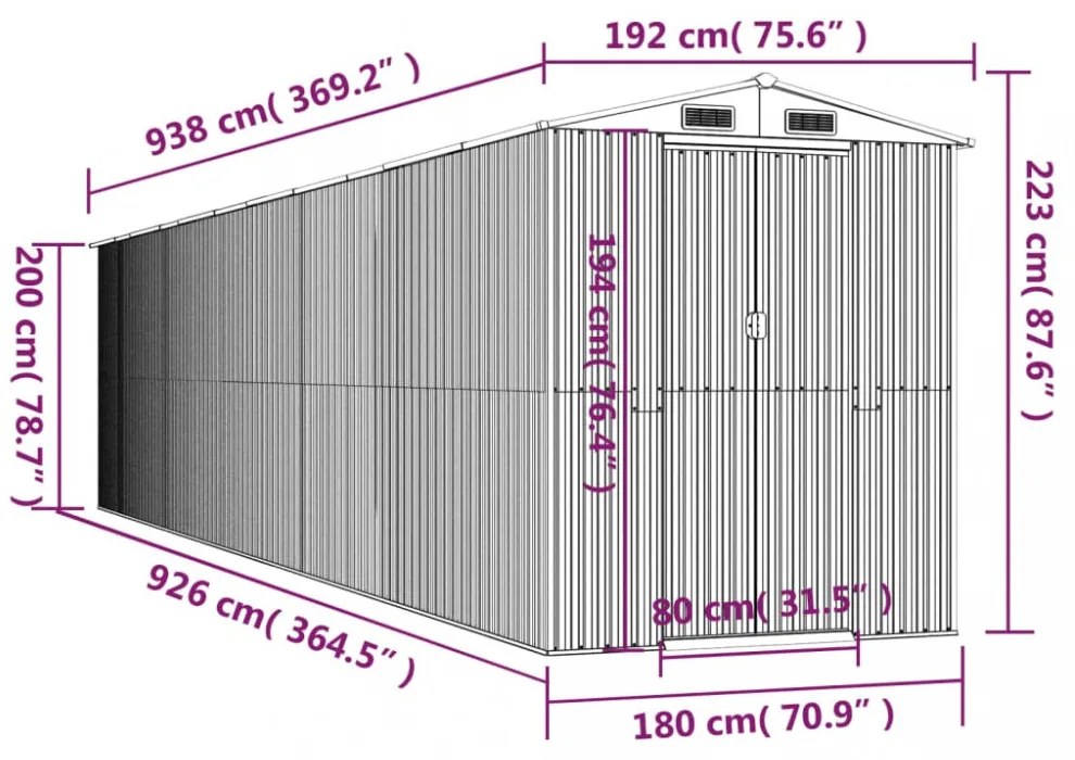 világosszürke horganyzott acél kerti fészer 192 x 938 x 223 cm