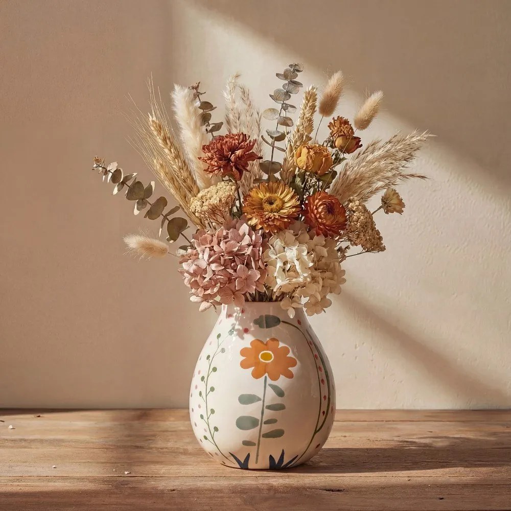 Krémszínű agyagkerámia kézzel festett váza (magasság 17 cm) Taza – Bloomingville