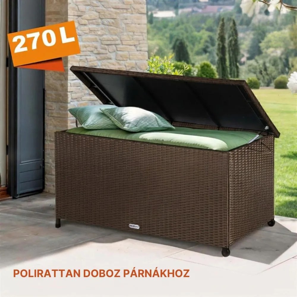 RICCO polyrattan tárolódoboz, 270L, 117x53x60cm, sötétbarna Casaria