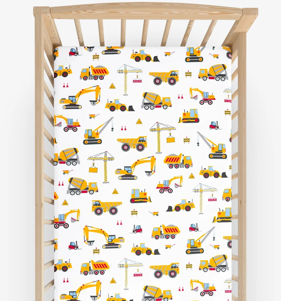 Goldea gyerek körgumis pamut lepedő kiságyba - teherautók és kotrógépek 70 x 140 cm