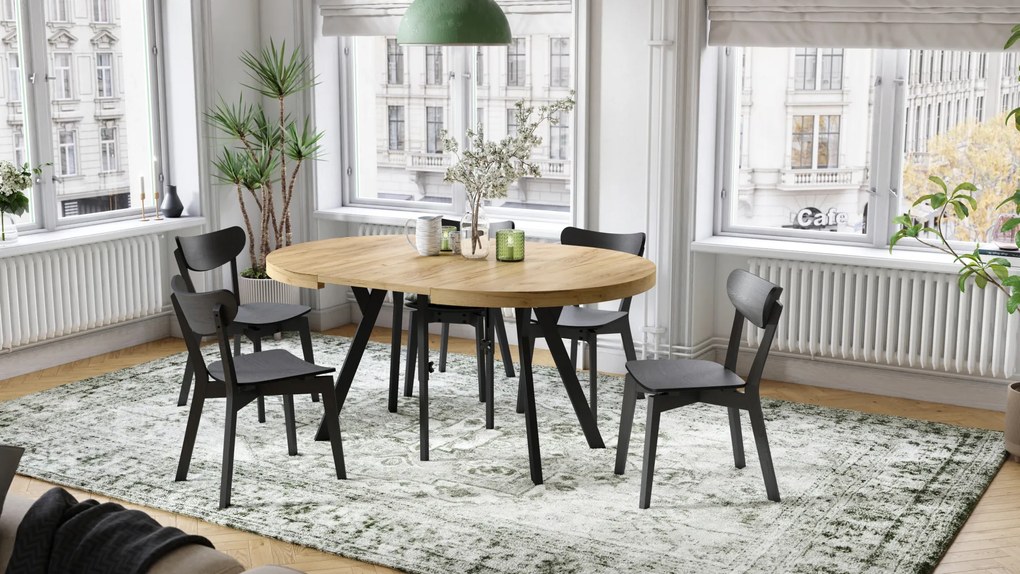Mazzoni VITO Anyagminta Arany Tölgy/fekete lábak - LOFT/IPARI STÍLUSÚ 310 cm-re BŐVÍTHETŐ NAGY KEREK ASZTAL Ø110 Y LÁBAKKAL