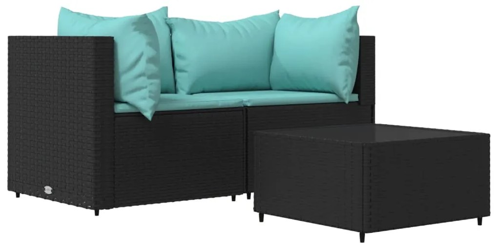 3 részes fekete polyrattan kerti ülőgarnitúra párnákkal