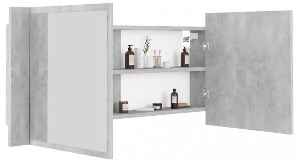 betonszürke akril LED-es tükrös fürdőszobaszekrény 100x12x45 cm