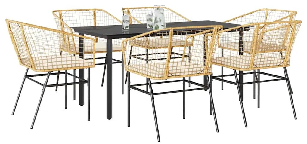 vidaXL 7 észes barna polyrattan üveg kerti étkezőgarnitúra párnával