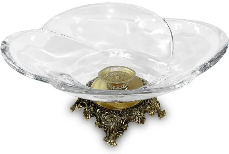 Masszív vastag fodros üveg bonbonier tál barokkos aranysárga míves sárgaréz talpon 14x33x23cm