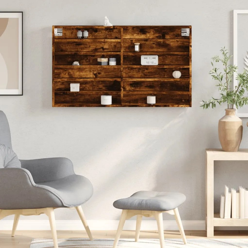 füstös tölgy színű szerelt fa vitrinszekrény 100 x 8,5 x 58 cm