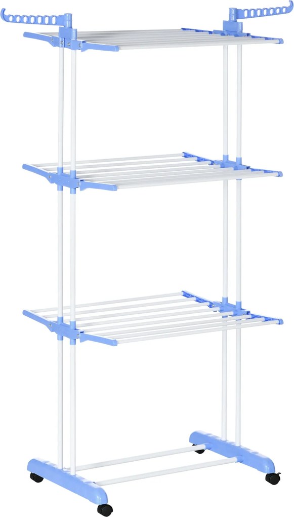HOMCOM Ruhaszárító Torony Kerekekkel, 4 Szinttel, Kihúzható Szárító, Belső és Külső Használatra, Acél Kék 73 x 45,5 x 177 cm | Aosom