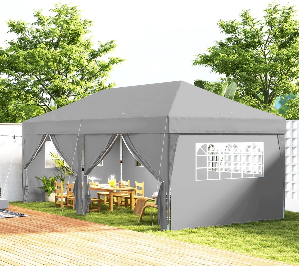 Outsunny Kültéri Kert Pavilon 3 x 6 m Összecsukható Pergola 6 Oldalfallal, Leeresztő Nyílásokkal, Szállítótáskával, Összecsukható Napernyő Esküvői és