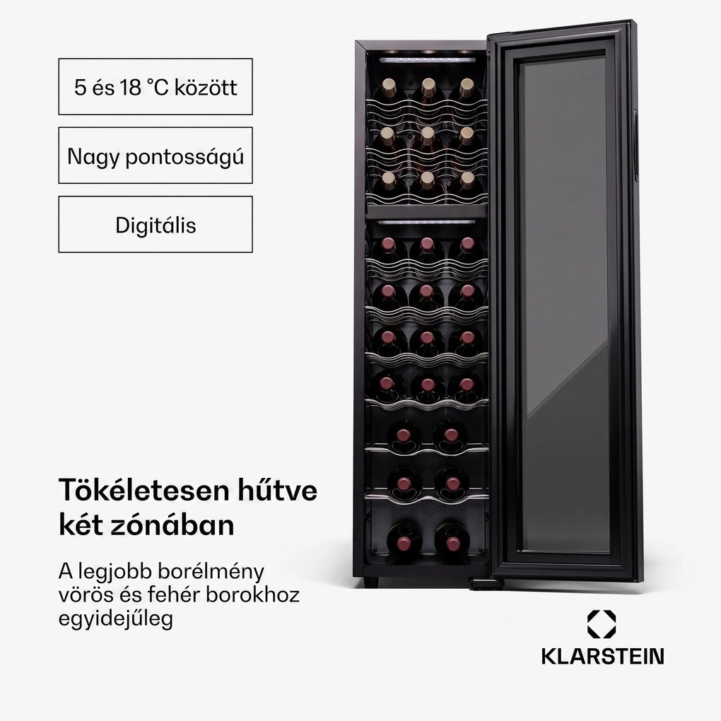 Klarstein Shiraz 27 Duo, borhűtő, 2 zóna, 83 l/27 palack, 5-18 / 5-18 °C, érintésvezérlés