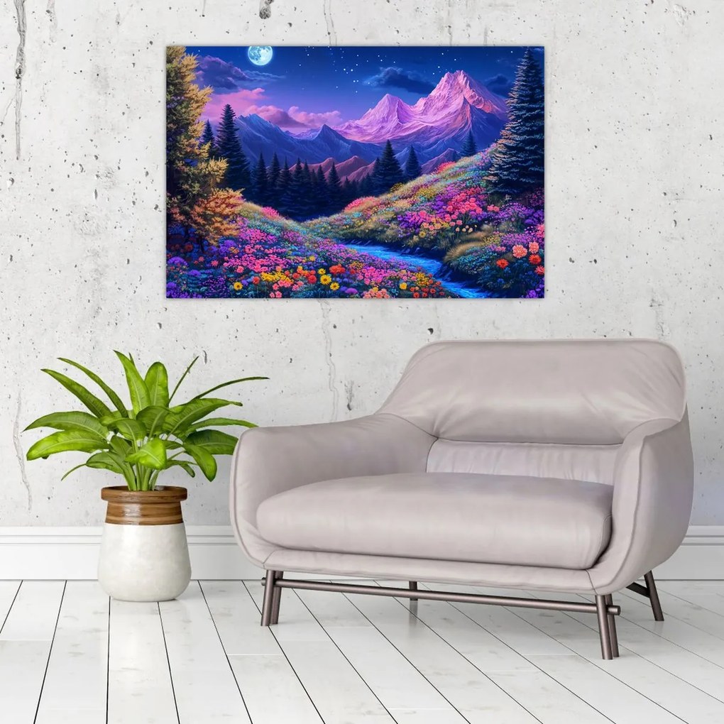 Kép - Lila táj teljes holdfénynél (90x60 cm)