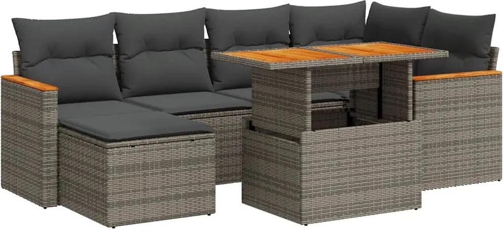 vidaXL 7 részes szürke polyrattan akácfa kerti ülőgarnitúra párnákkal