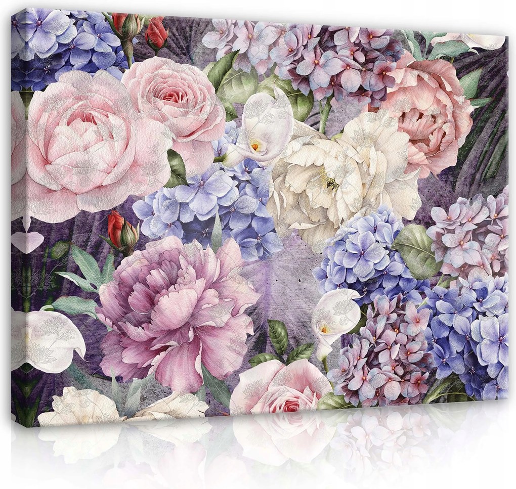 Vászonkép 80x60 Virágok rózsák hortenzia bazsarózsa csokor tavasz nyár csendélet