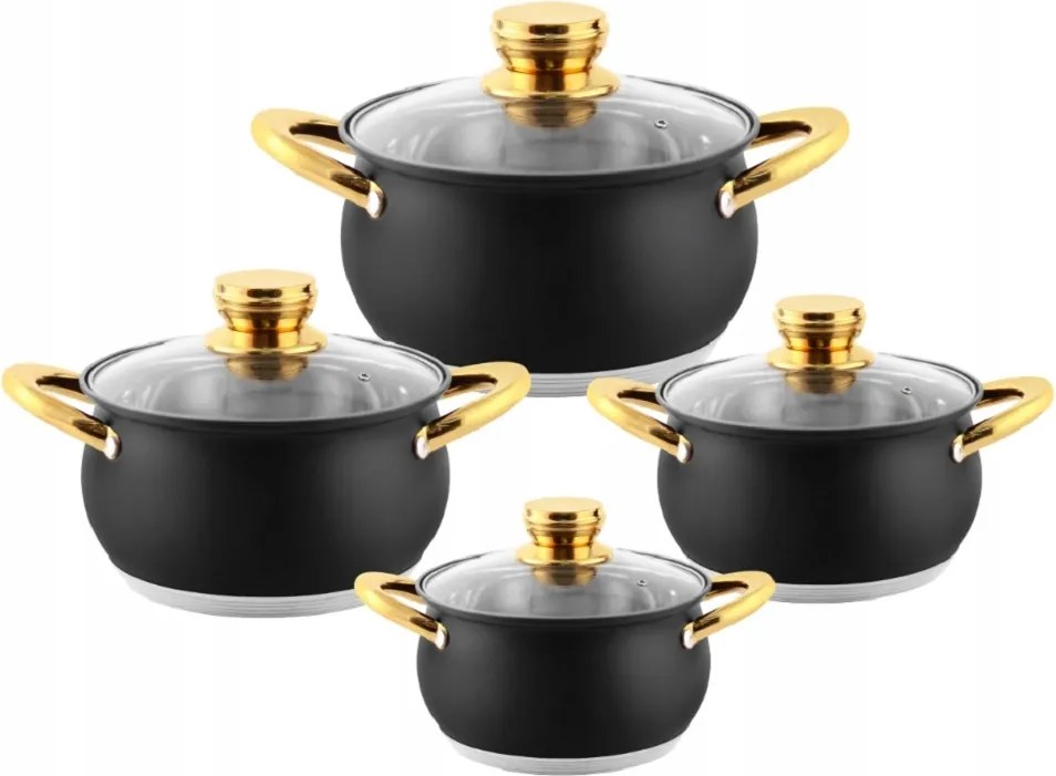 Haus Roland rozsdamentes acél edénykészlet, 8 darabos, matt fekete, arany fogantyúkkal