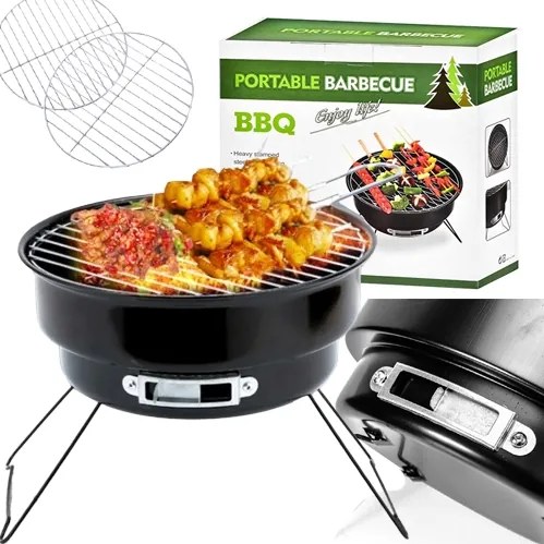 Kis Hordozható Faszenes Túragrill Kerek, Összecsukható Fogantyúval