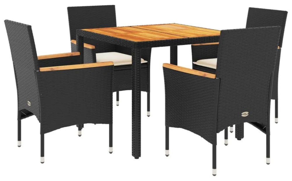 vidaXL5részes fekete polyrattan/akácfa kerti étkezőgarnitúra párnákkal