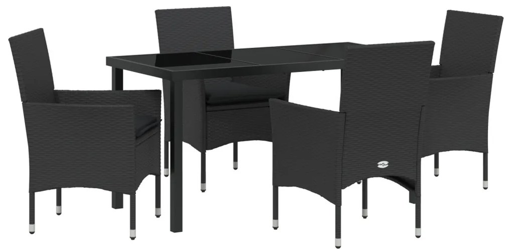 5 részes kerti étkezőszett párnákkal fekete polirattan, Kerti asztal fekete 140x80x73 cm edzett üveggel