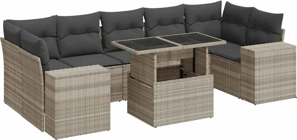 vidaXL 8 részes világosszürke polyrattan kerti ülőgarnitúra párnával