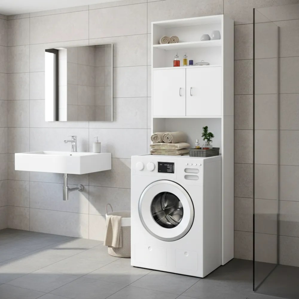 SILKE mosógép fölé helyezhető magas szekrény, 185×63×20 cm, fehér Casaria