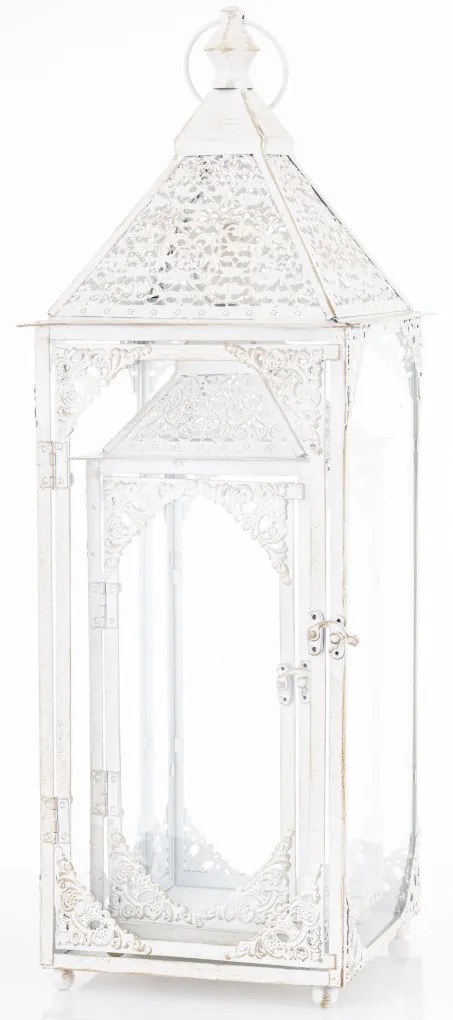 Vintage fehér szögletes 2db-os fém lámpás lantern szett fogantyúval 48x17x17 / 64x22x22cm
