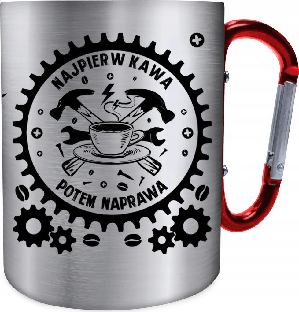 Fém Bögre Karabinerrel Ajándék Először Kávé, Utána Javítás