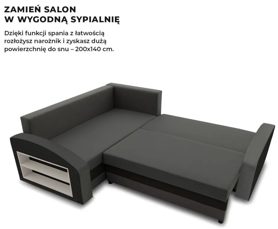 Grande sarokkanapé polcokkal , polc a bal karfaban, baloldali, szövet anyag, hab töltet, szürke - fekete