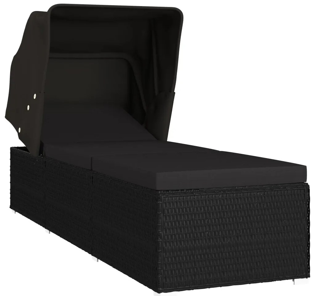 Fekete polyrattan napozóágy ponyvával és párnával