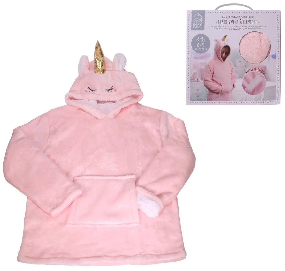 HOODIE UNICORN rózsaszín gyermek ujjas pléd ujjal és kapucnival