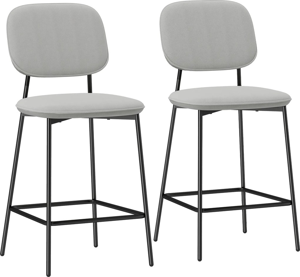 HOMCOM 2 db Bárszék Készlet Magas Konyhai Székek Háttámlával és Lábpihentetővel, Műanyag Velúrból, Acél Váz, Modern Magas Székek Konyhapulthoz Világos