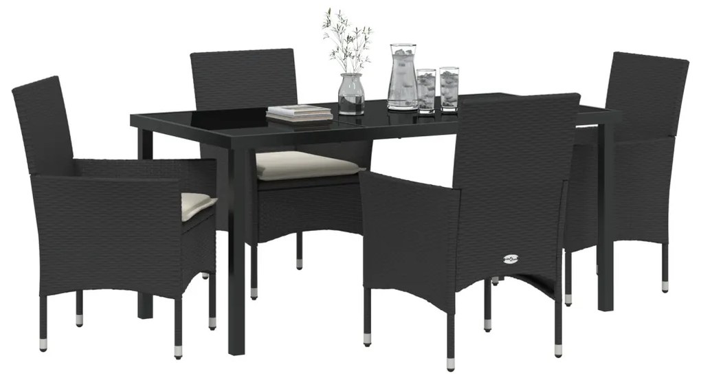 5 darabos kerti étkező garnitúra párnákkal fekete polirattan, Kerti asztal fekete 160x80x73 cm edzett üveggel