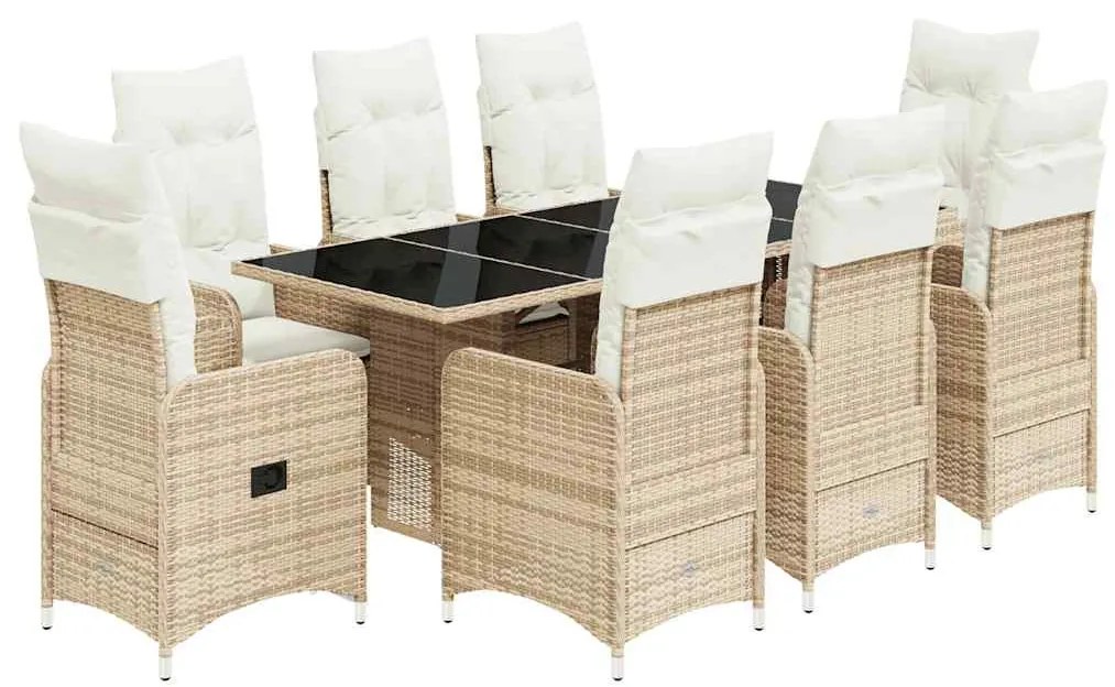 9 részes bézs polyrattan kerti bisztrógarnitúra párnákkal