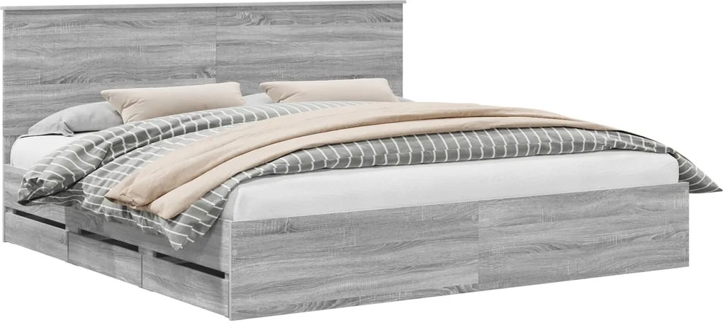 vidaXL Ágykeret fiókkal Szürke Sonoma 200 x 200 cm Mérnöki Fa
